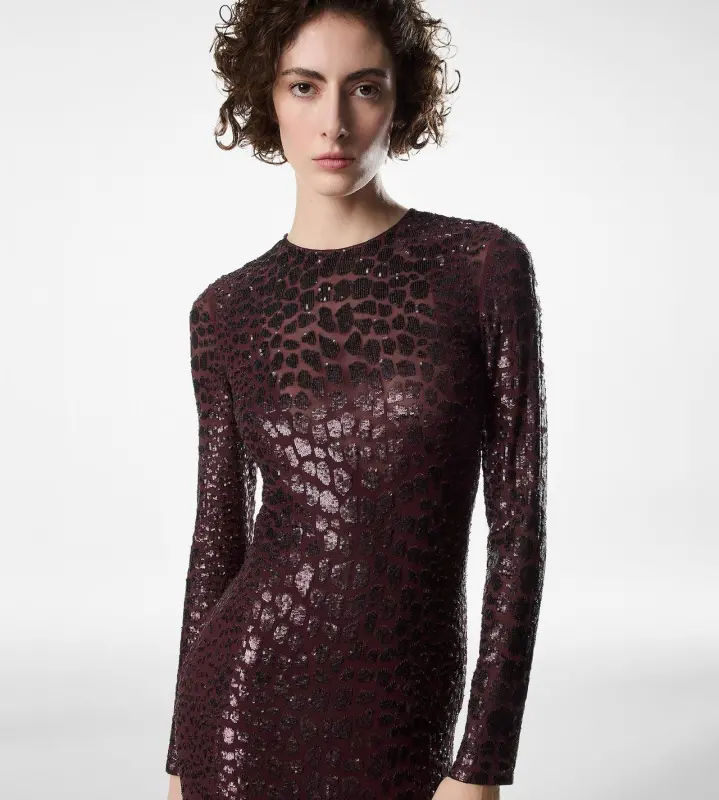 EMBROIDERED CROC EFFECT LONG SLEEVE EVENING DRESS BURGUNDY online